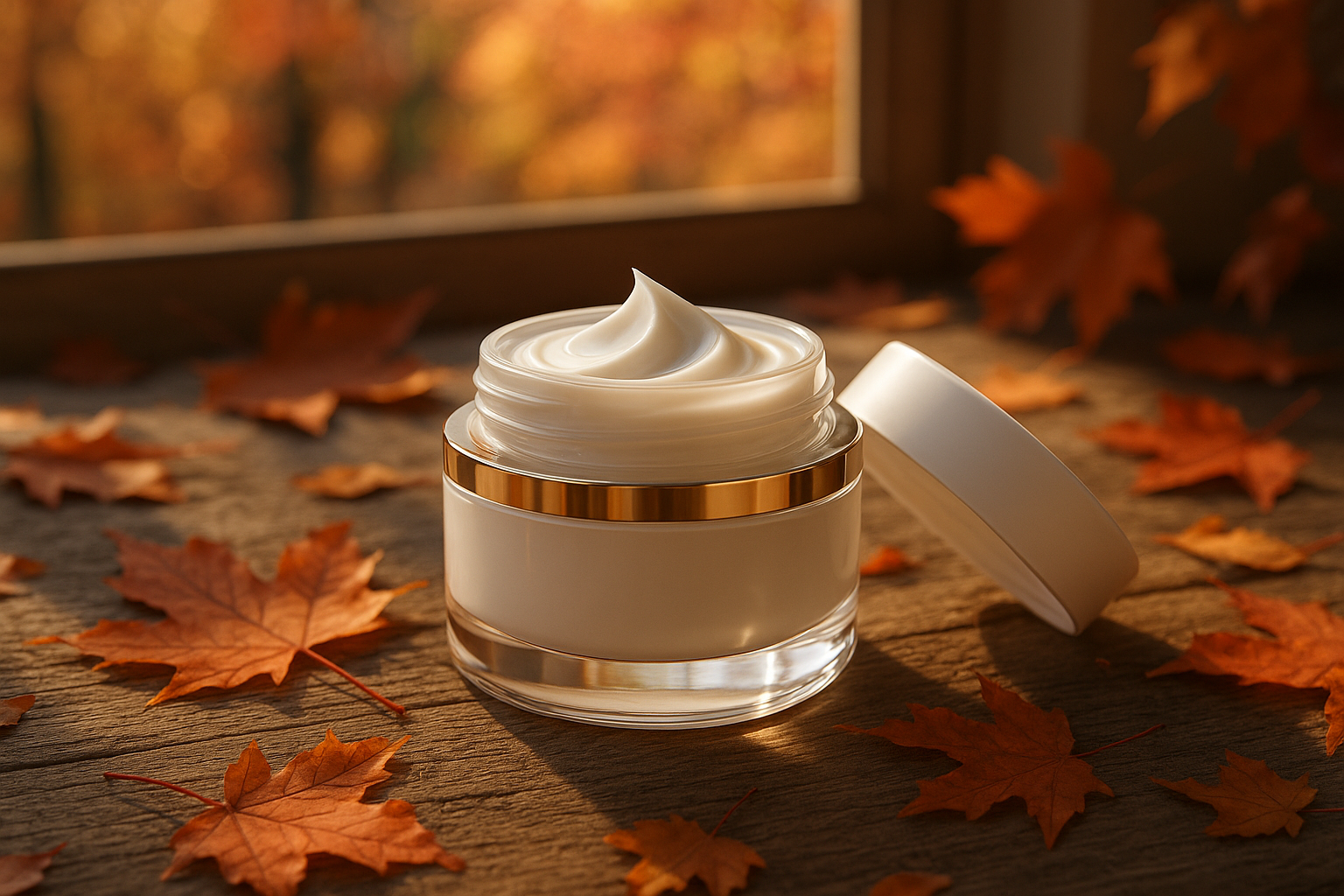 create a photo realistic 3D rendering of an empty skincare jar with cream inside on a fall day